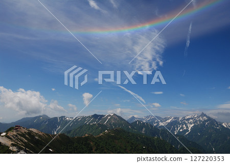 Hotaka mountains / Panoramic view of the Hotaka mountain range in midsummer and the summer sky of the circumhorizontal arc Hotaka mountains / Panoramic view of the Hotaka mountain range in midsummer and the summer sky of the circumhorizontal arc 127220353