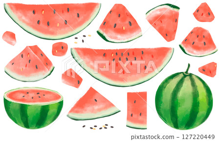 Cute hand drawn watercolor illustration set of watermelon 127220449