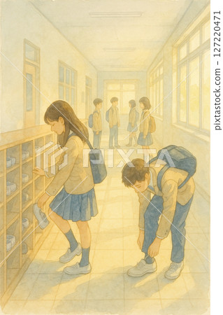 Students' daily school pictures | Early morning light of changing sandals in the running corridor | Warm and soft shadows of school life | Morning at school | Changing into slippers | Watercolor illustrations 127220471