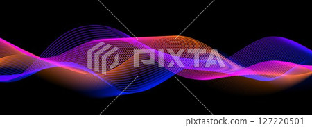 Smooth neon sound wave on black background. Abstract flowing wavy lines design for ai concept, eq equalizer, audio record, voice assistant. Blue pink orange purple gradient stripe wallpaper. Vector 127220501