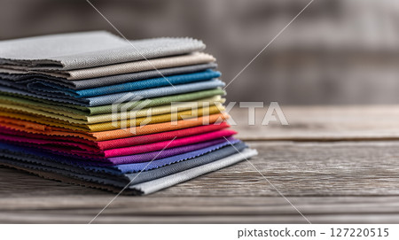 Stacked fabric samples displaying rainbow color spectrum for fashion design 127220515