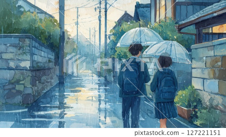Male and female students walking on the rainy road to school_1 127221151