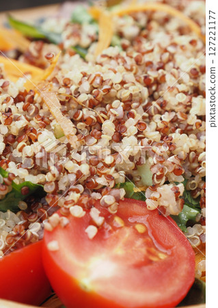 Healthy Red Quinoa and Fresh Vegetable Salad with Tomato Garnish Healthy Red Quinoa and Fresh Vegetable Salad with Tomato Garnish 127221177