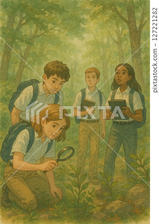 Illustration of students' outdoor ecological observation activities｜Forest nature experience｜External teaching｜Filmwork｜Nature observation｜Outdoor Nature 127221282