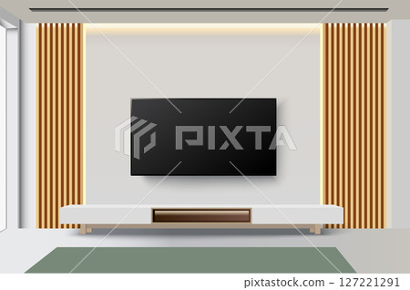 Living room with wall mounted TV and modern cabinet Living room with wall mounted TV and modern cabinet 127221291
