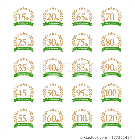 Anniversary icon set with laurel, ribbon and star Anniversary Green 127221454