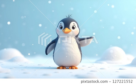 A cute baby penguin standing in a snowy landscape 127221552
