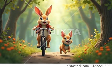 Bunny cycling in the forest with a fluffy puppy 127221908