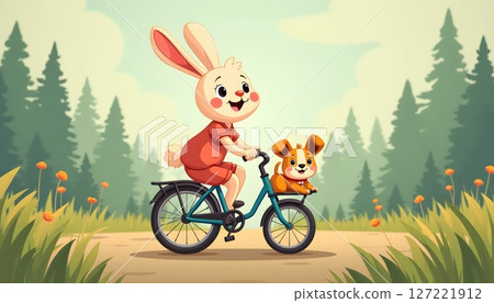 A white rabbit is cycling in the forest with a small puppy 127221912