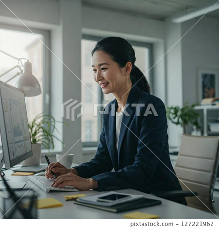 Smiling businesswoman working in the office 127221962
