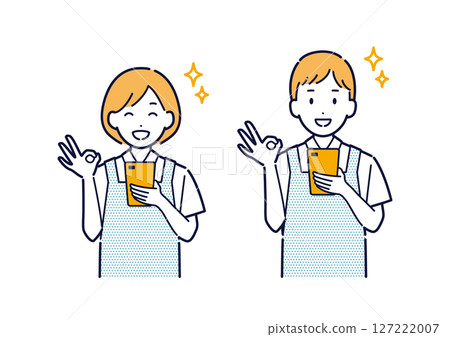 Illustration of a man and a woman wearing an apron holding a smartphone and making an OK sign Illustration of a man and a woman wearing an apron holding a smartphone and making an OK sign 127222007