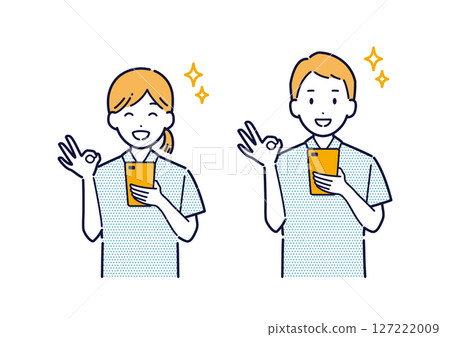 Illustration of a man and woman wearing polo shirts holding a smartphone and making an OK sign 127222009