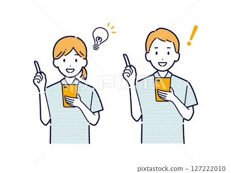 Illustration of a man and woman wearing polo shirts giving directions with a smartphone Illustration of a man and woman wearing polo shirts giving directions with a smartphone 127222010