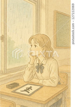 雨天凝視窗外的女學生 | 日本插畫 | 書法教室一角 | 雨天凝視窗外的女學生 127222069