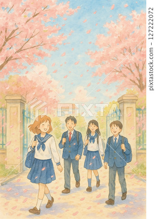Sakura Campus Spring Students Walking Illustration | Spring school scenery with cherry blossoms falling | Watercolor style illustration 127222072