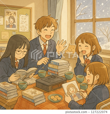 校園圖書館閱讀交流插畫 | 學生享受閱讀與喝茶 | 學校生活水彩插畫 校園圖書館閱讀交流插畫 | 學生享受閱讀與喝茶 | 學校生活水彩插畫 127222074