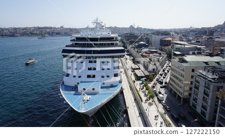 Istanbul, Turkey - Galataport waterfront in Karakoy with a view of the city skyline 127222150