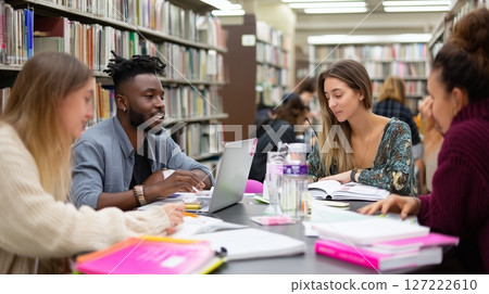 Students engage in collaborative study session at library shared workspace during afternoon hours for academic success 127222610