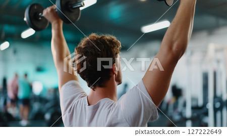 Man lifts weights in a gym during workout session focused on strength training and fitness goals 127222649