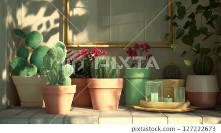 Beautiful indoor garden display featuring various potted plants and cacti in bright natural light 127222673