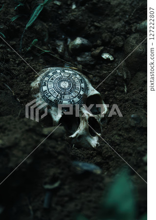 White skull with ancient calendar pattern partially buried dark soil, mysterious and eerie mood White skull with ancient calendar pattern partially buried dark soil, mysterious and eerie mood 127222807
