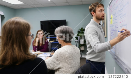 Group discussion in a classroom setting with a male instructor teaching while participants engage in learning 127222840