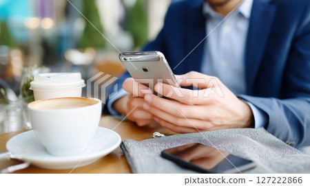 Man engaged with smartphone while enjoying coffee at a modern cafe during the day 127222866