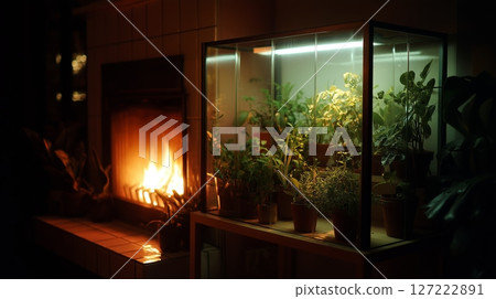 Cozy interior with a glowing fireplace and a plant display in the evening light Cozy interior with a glowing fireplace and a plant display in the evening light 127222891