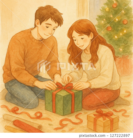 The happy moment of wrapping Christmas gifts together | Holiday preparation illustrations | The warm moment of preparing Christmas gifts 127222897