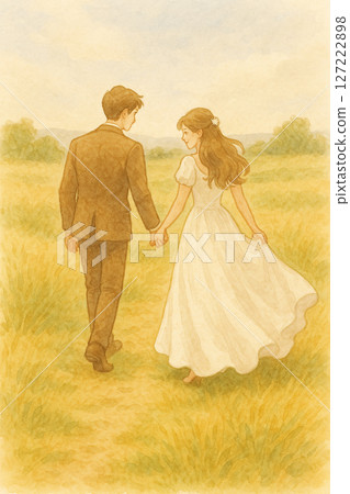 田野裡牽手的情侶 | 婚禮插畫 | 田野裡牽手的情侶的浪漫時刻 127222898