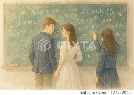 教室裡的青春婚禮回憶｜黑板上的留言與祝福｜教室裡的婚禮場景插畫 127222903