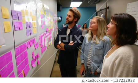 Team collaborates and brainstorms ideas during a creative meeting in an office environment 127222958