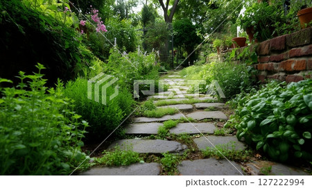 Lush garden path surrounded by vibrant plants and herbs in an inviting outdoor space at midday 127222994