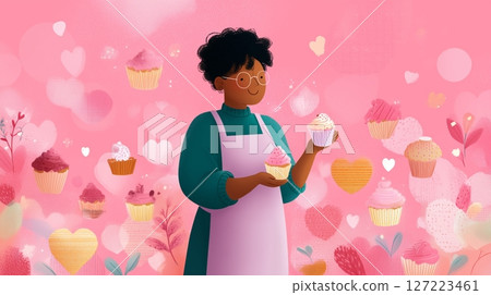 Creative baker displays colorful cupcakes in a whimsical bakery setting filled with vibrant decorations 127223461