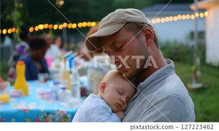 Family gathering at dusk with a father cradling his sleeping baby in a cozy outdoor setting Family gathering at dusk with a father cradling his sleeping baby in a cozy outdoor setting 127223462