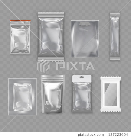 Transparent Plastic Packaging Bag Collection - Food Pouch Mockup. Vector 127223604