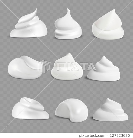 Realistic White Foam Dollops Set - Cream Texture Bubbles. Vector Realistic White Foam Dollops Set - Cream Texture Bubbles. Vector 127223620