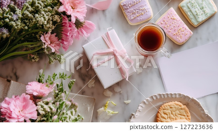 Celebrate special moments with flowers, cookies, and tea on a beautiful marble table setting 127223636