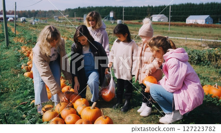 Families enjoy pumpkin picking together on a sunny autumn day at a farm in the countryside with vibrant foliage Families enjoy pumpkin picking together on a sunny autumn day at a farm in the countryside with vibrant foliage 127223782