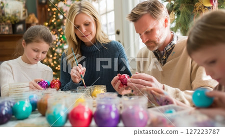 Family enjoys painting colorful Easter eggs together during spring holiday celebrations in a cozy, decorated home Family enjoys painting colorful Easter eggs together during spring holiday celebrations in a cozy, decorated home 127223787