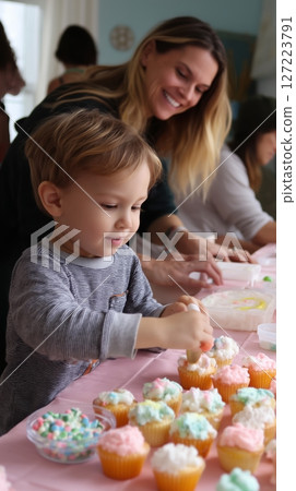 Child and adult creating colorful cupcakes in a cozy kitchen during a fun baking activity 127223791