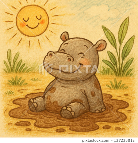 Happy little hippo playing in the mud | Child style illustrations | Muddy happy hippo 127223812