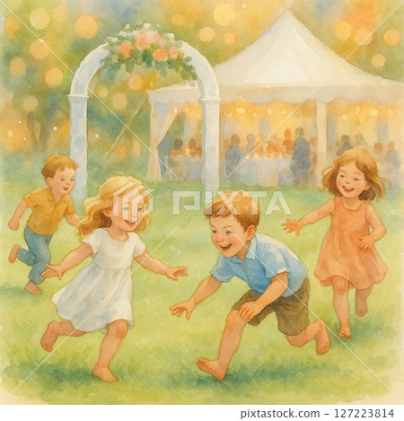 Children's smiles at outdoor wedding | Watercolor illustration of a little friend chasing a happy play | Garden wedding and children's smiles 127223814