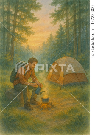 Quiet moments in the forest camp | Watercolor-style outdoor life illustration | Quiet moments in the forest camp - watercolor illustration 127223825