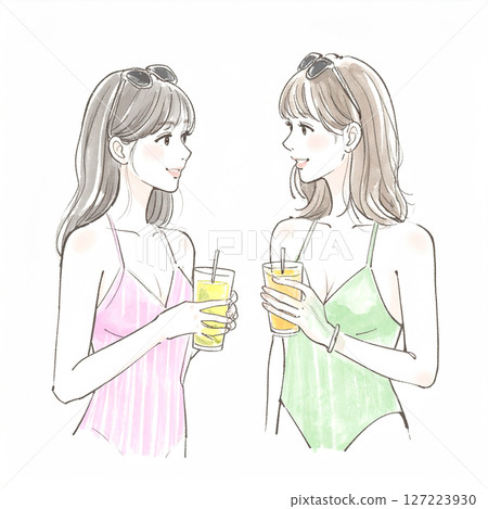 穿著泳衣的婦女和女孩的插圖素材 127223930