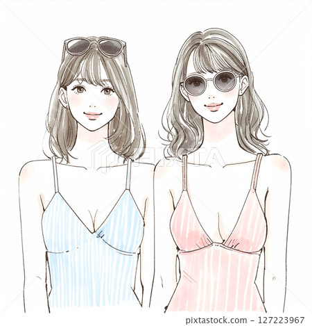 穿著泳衣的婦女和女孩的插圖素材 127223967