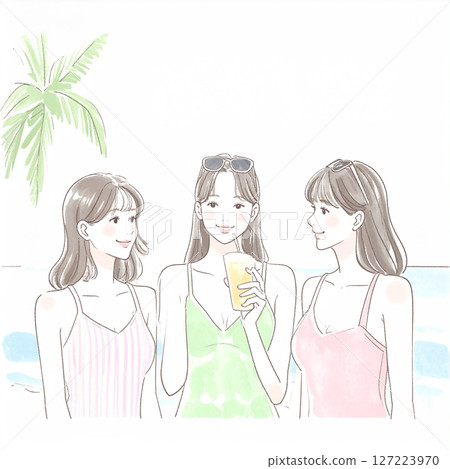 穿著泳衣的婦女和女孩的插圖素材 127223970