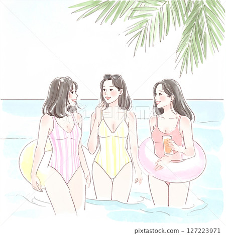 穿著泳衣的婦女和女孩的插圖素材 127223971