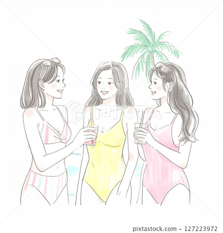 穿著泳衣的婦女和女孩的插圖素材 127223972