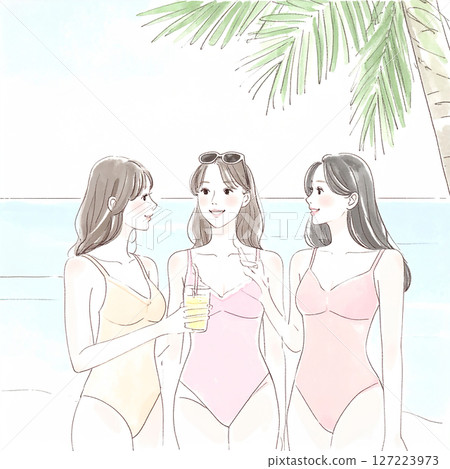穿著泳衣的婦女和女孩的插圖素材 127223973